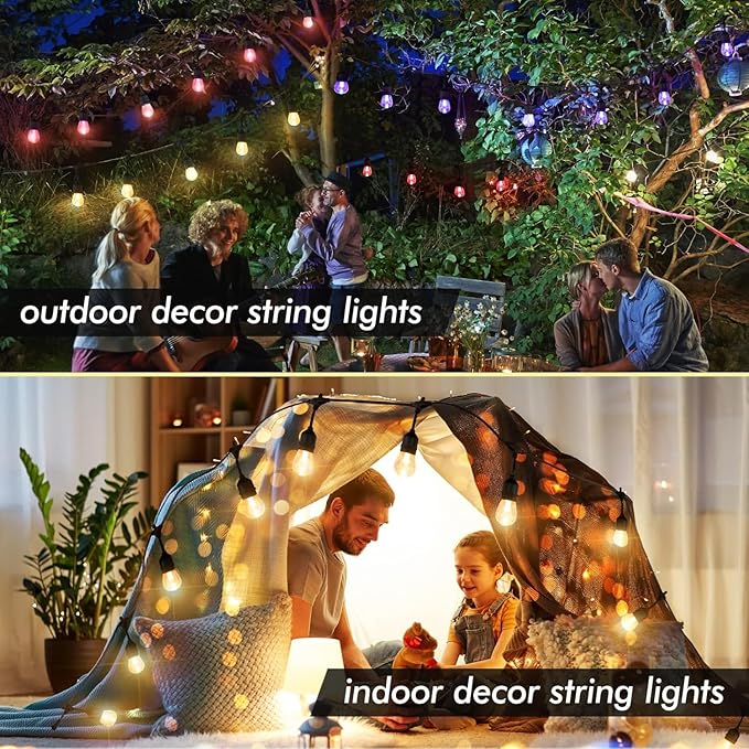 24FT Solar Outdoor String Lights, 12 Shatterproof E26 Edison LED Bulbs, Dimmable RGB Color Changing Patio Lights | Lumora