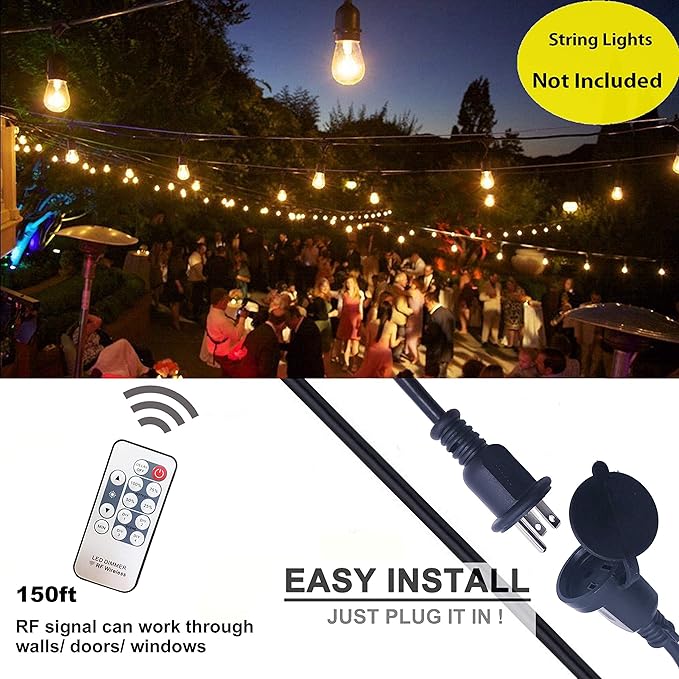 SUNYE Max Power 200W Waterproof Outdoor String Lights Wireless Remote Control, 150Feet Range, Memory, Stepless Dimming, IP68 Waterproof. UL 3 Prong Remote Control Dimmer
