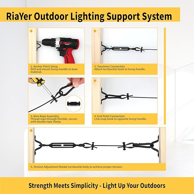 165FT All-Black Outdoor String Light Hanging Kit, 304 Stainless Steel Guide Wire with Matte Black Hardware Set | Lumora