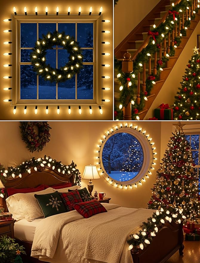 25ft Warm White Christmas Lights Outdoor,Frosted White Christmas Lights with 26 Incandescent Bulbs(1 Spare),Hanging Vintage Christmas Light for Patio Holidays Christmas Tree Decor