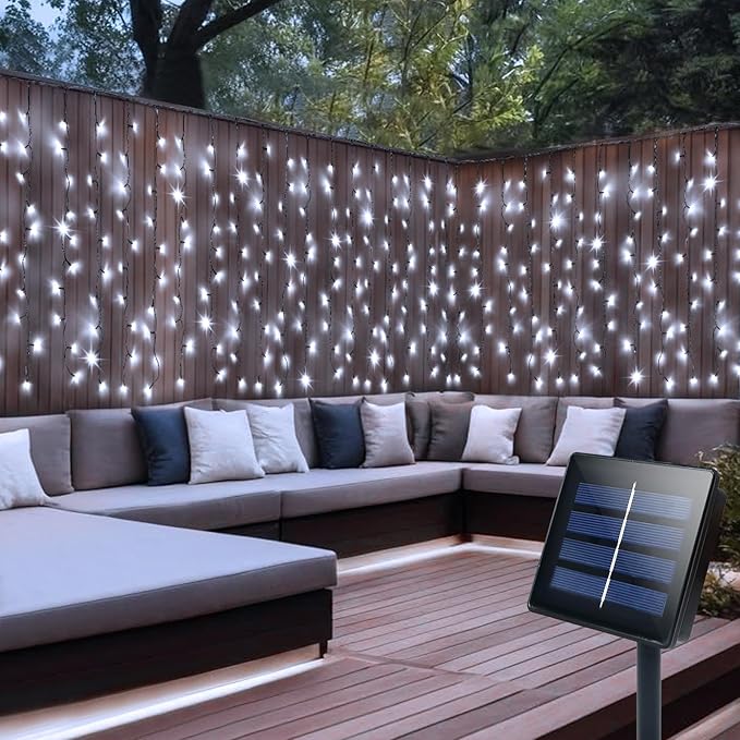 DBFAIRY Solar Curtain Lights,13ft x 3.3ft 200 LED Outdoor Solar Curtain Lights Waterproof Green Wire with 8 Mode for Garden Handrail Railing Eaves Wall Decoration -Cool White
