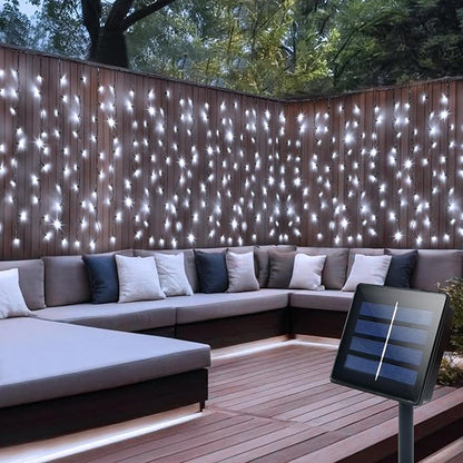 DBFAIRY Solar Curtain Lights,13ft x 3.3ft 200 LED Outdoor Solar Curtain Lights Waterproof Green Wire with 8 Mode for Garden Handrail Railing Eaves Wall Decoration -Cool White