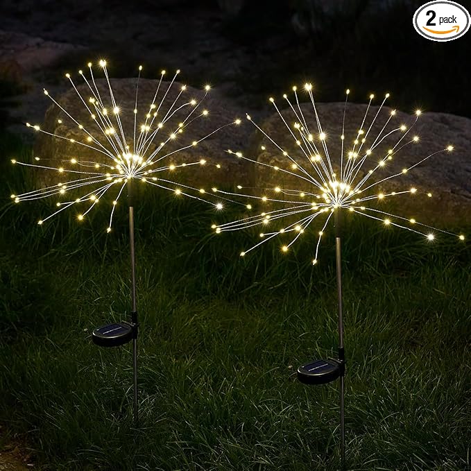 Solar Lights Outdoor, 2 Pack Solar Firework Lights Outdoor – 150 LED, 8 Modes, IP65 Waterproof Garden Pathway Decor | Warm White Solar Powered Stake for Yard, Patio, Easter & Holiday Decoration