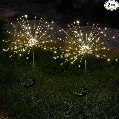 Solar Lights Outdoor, 2 Pack Solar Firework Lights Outdoor – 150 LED, 8 Modes, IP65 Waterproof Garden Pathway Decor | Warm White Solar Powered Stake for Yard, Patio, Easter & Holiday Decoration