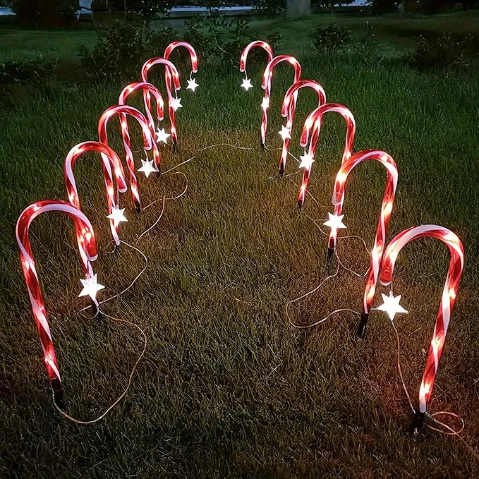 12 Packs Christmas Candy Cane Lights Outdoor Solar Powered Christmas Pathway Lights with Stars Waterproof for Yard | Lumora