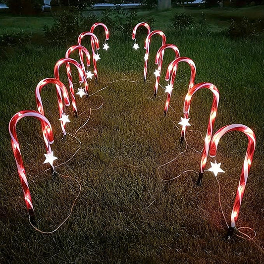 12 Packs Christmas Candy Cane Lights Outdoor Solar Powered Christmas Pathway Lights with Stars Waterproof for Yard Walkway Patio Outside Decoration