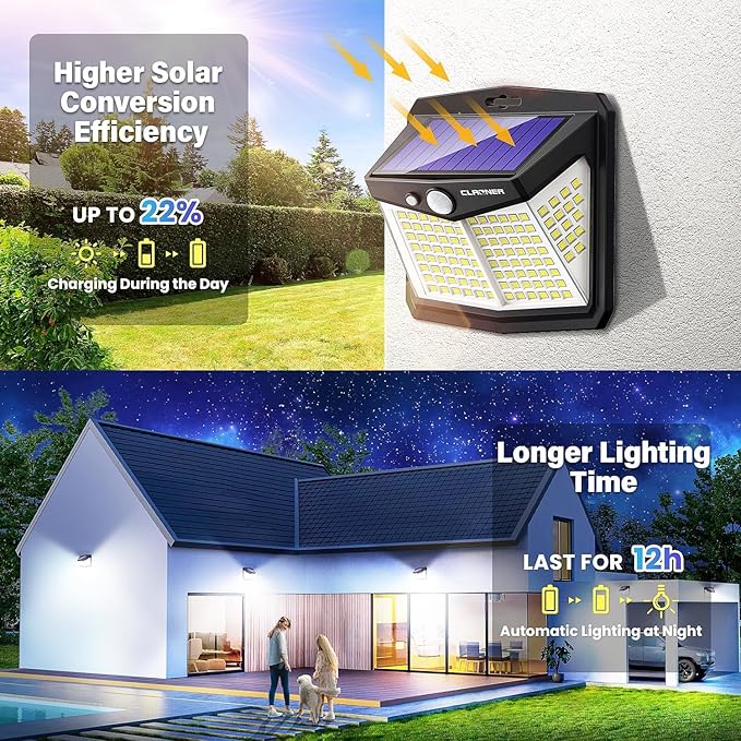 CLAONER Solar Motion Sensor Lights Outdoor, 12 Pack Solar Fence Lights IP65 Waterproof, Bright 128 LED Security Flood Lights with 270°Wide Angle, 3 Lighting Modes Motion Light for Outside Yard