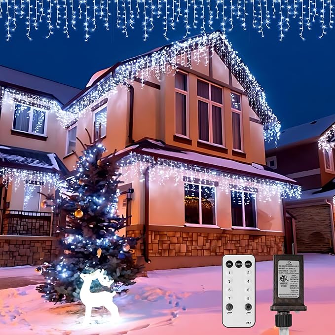 LED Icicle Lights for Outdoor Christmas Decorations,39.4Ft 400 LEDs Christmas Fairy Light with Timer&Memory Function,8 Lighting Modes,Plug in hanging Curtain Lights for Xmas Party(Cool White)