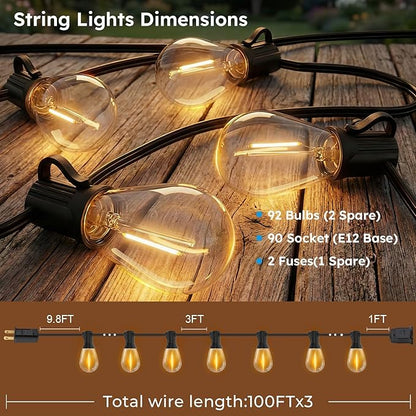 S11 LED Outdoor String Lights 300FT, Shatterproof & Waterproof Patio Lights with 92 Plastic Bulbs for Porch, Deck, Garden, Backyard, Balcony, 2700K Dimmable