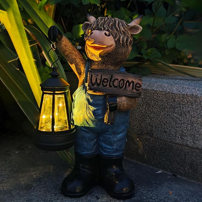 Solar Garden Statues -Highland Cow Lantern Outdoor Handmade Resin Statue with LED Light, and Welcome Holder for | Lumora