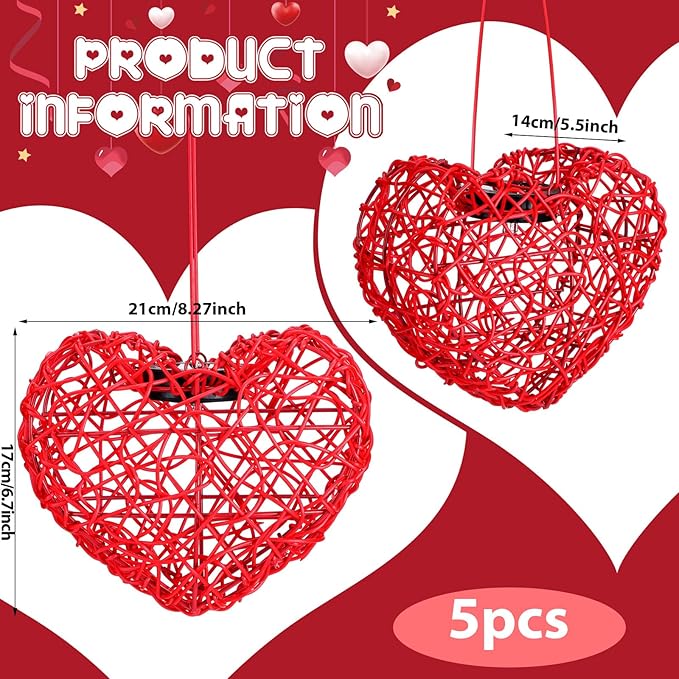 5 Pack Valentine Solar Lights Outdoor 8 Inch Waterproof Heart Light Heart Rattan Balls Valentine's Day Decorations for Outdoor Garden Yard Valentine's Day Interior Decoration(Red)