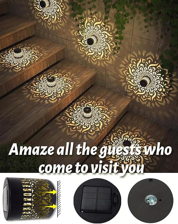 Decorative Solar Mandala Lights Outdoor, 3.34in Metal Solar Powered Outdoor Deck Step Wall Lights with Soft Warm Glow, Mandala Theme Fence Light for Garden Patio Backyard Decor (4Pcs)