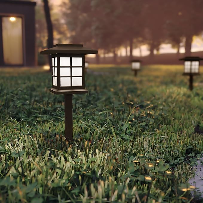 EMMA + OLIVER Compton 8 Pack Brown Lantern Solar LED Outdoor Lights, Solar Powered Weatherproof Landscape Lighting for Pathway, Garden, Driveway & Yard