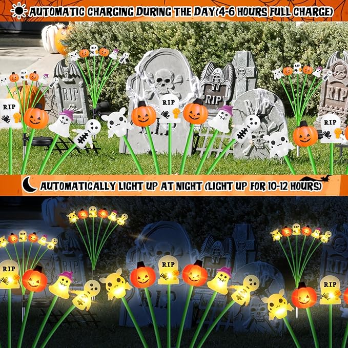 Halloween Solar Garden Lights Outdoor, 4 Pack 24 LED Firefly Swaying Lights with Pumpkin Ghost Skeleton Tombstone Decor, 6 Heads Waterproof Pathway Yard Lawn Graveyard Decorations(4 Pack-HW LEDs)