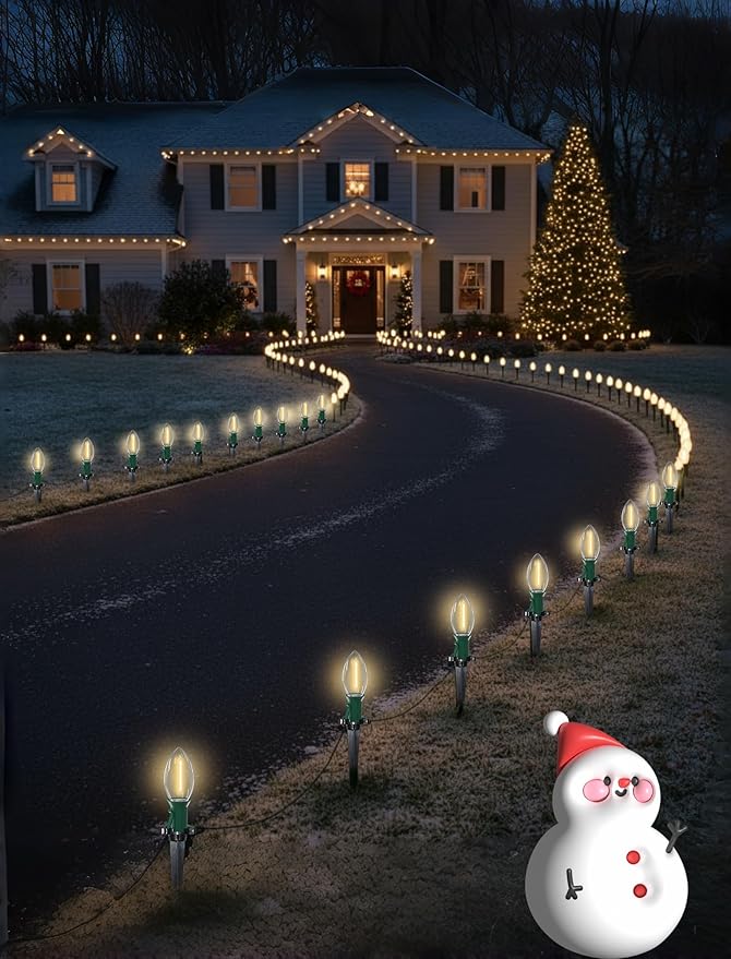 38FT C9 LED Christmas Pathway Lights,25 Warm White Connectable Weatherproof LED Christmas Walkway Lights with C9 Bulbs and Stakes for Driveway Yard Lawn Sidewalk Xmas Decoration