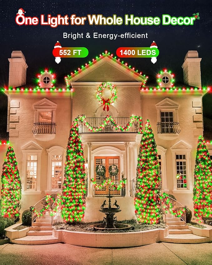 552FT 1400LED Red and Green Christmas Lights Outdoor, Extra Long Outdoor String Lights Waterproof, Timer & Memory, 8 Modes Dimmable Plug in Fairy for Outside Tree Wedding Patry