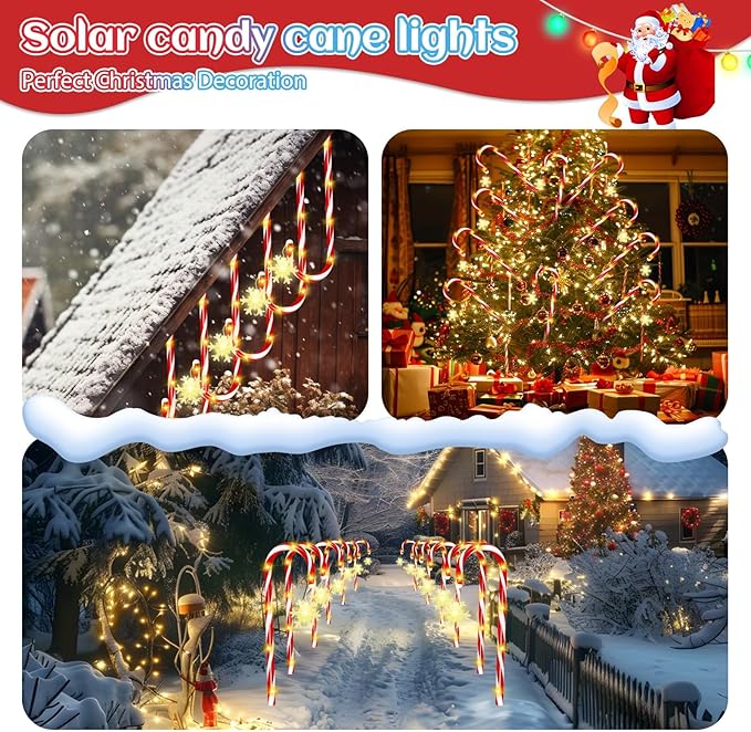 Solar Candy Cane Lights, 12 Pcs Christmas Decorations Outdoor, 8 Modes and Timer, Solar & USB Rechargeable, Waterproof Pathway Lights for Outdoor Christmas Yard Patio Walkway Decor