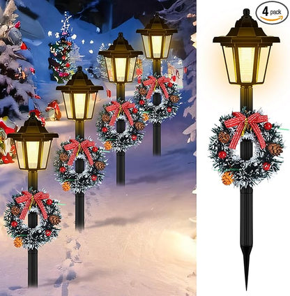 VIHOSE 4 Pcs 21.3 Inch Christmas Solar Pathway Lights Outdoor Waterproof Solar Christmas Street Lights with Ribbon Accessories Outdoor Lights for Yard Pathway Walkway Holiday Decor(Wreath)