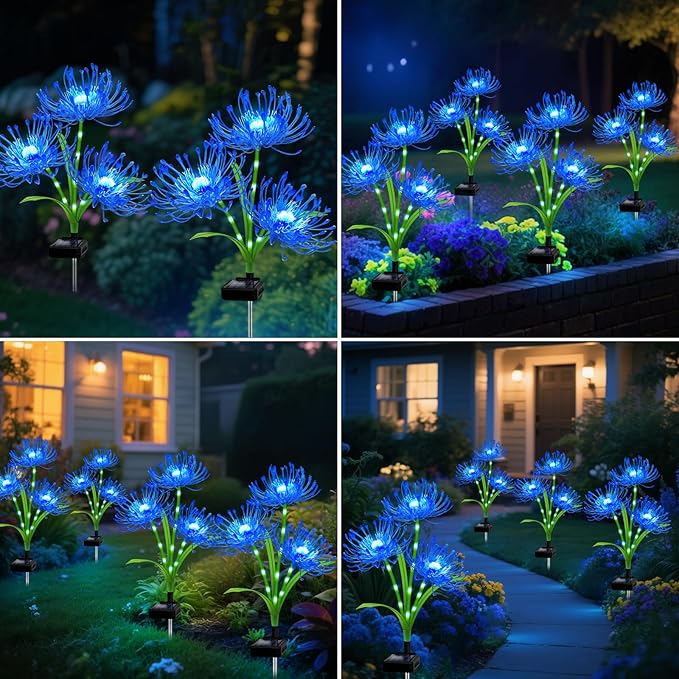 Solar Garden Flower Lights Outdoor, 4 Pack Blue Spider Lily Solar Lights with Glowing Stems, IP65 Waterproof LED Yard Decor for Patio Lawn Pathway, Mother's Day Valentine Gifts for Women Mom Grandma