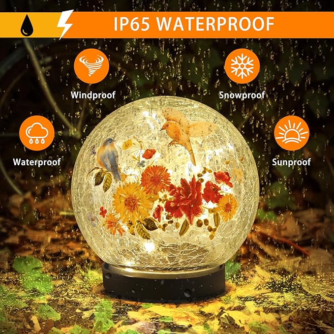 Solar Globe Lights Outdoor Waterproof, Cracked Glass Ball Orb Lights, Waterproof Globes for Garden Pathways, Patio Decor & Backyard Landscaping, Round Ornaments Orbs (Red-Yellow Flower)