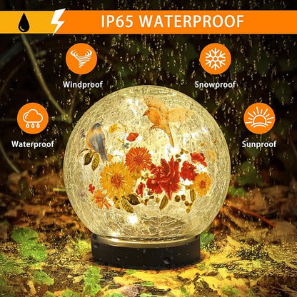 Solar Globe Lights Outdoor Waterproof, Cracked Glass Ball Orb Lights, Waterproof Globes for Garden Pathways, Patio Decor & Backyard Landscaping, Round Ornaments Orbs (Red-Yellow Flower)