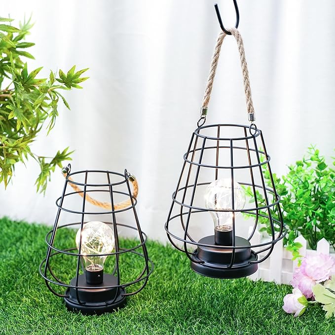 JHY DESIGN Set of 2 Cage Bulb Lantern Decorative Table Lamps 8.5" H Battery Powered Cordless Lights with Warm White | Lumora