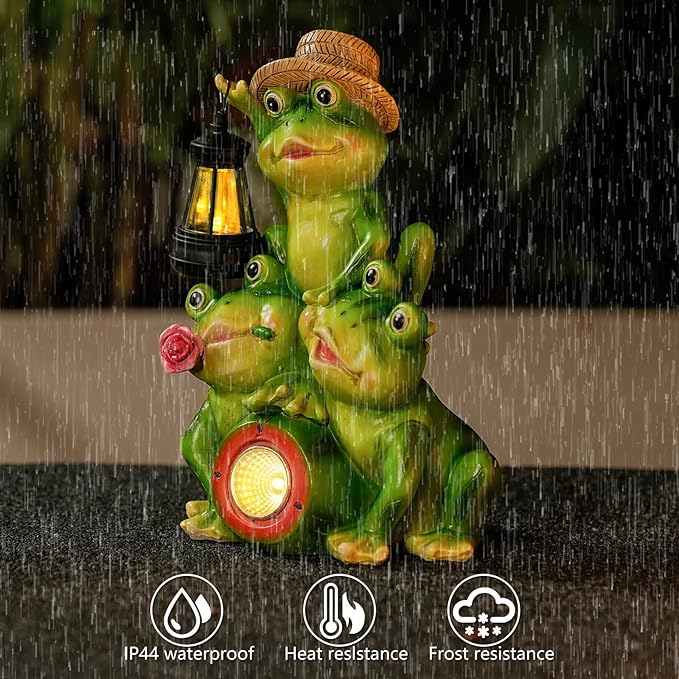 Solar Frog Family Garden Statue Figurines with Lantern & LED Light – Cute Solar Yard Decor for Lawn, Patio & Outdoor Pathway(Family Frogs)