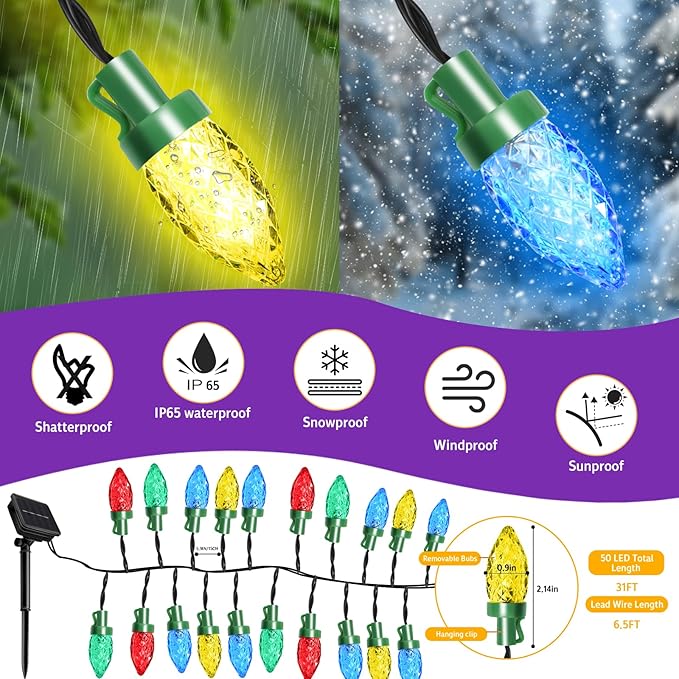 Easter Decorative Lights Outdoor Waterproof C7 50 LED Ultra Bright Strawberry Fairy String Lights 8 Modes Solar Light for Outside Garden Patio Wedding Party Christmas Decoration(Multicolor)