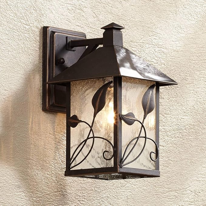 Franklin Iron Works French Garden Rustic Farmhouse Natural Cottage Outdoor Wall Light Fixture Bronze Lantern 10 1/2" Clear Seedy Glass Exterior Barn Deck House Porch Yard Patio Outside Garage