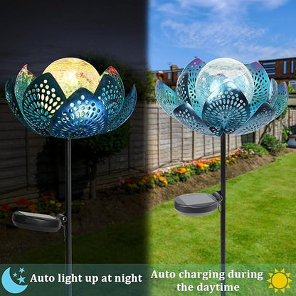 Bshine Lotus Solar Light Outdoor, Waterproof Crack Glass Globes LED Lotus Flower Metal Stake Valentine's Day Outdoor Decor Yard, Courtyard, Path, Art Lawn Ornaments, Gift for Mom Housewarming, Blue