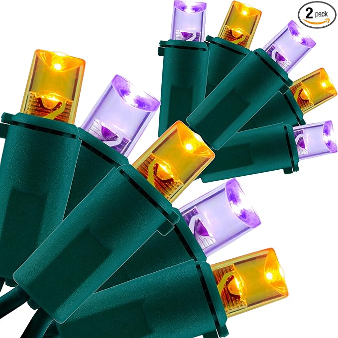 YULETIME Orange and Purple Wide Angle LED Christmas Lights 200 Count 50 ft, Pack of 2 Strands 25 ft 100 Lights UL Certified String Light Set (Orange & Purple)