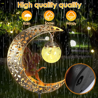 Solar Garden Lights Outdoor Decor, Moon Fairy Crackle Glass Stake Lights, Waterproof LED Metal Decorative Lights Outdoor Pathway Lights Solar Powered Garden Decorations Unique Gift Ideas for Gardening