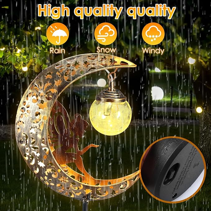 Solar Garden Lights, Moon Fairy Crackle Glass Stake Lights, Waterproof Warm White LED Metal Stake Decorative Lights, Outdoor Pathway Light, Solar Powered Garden Decorations for Walkway Lawn Patio Yard