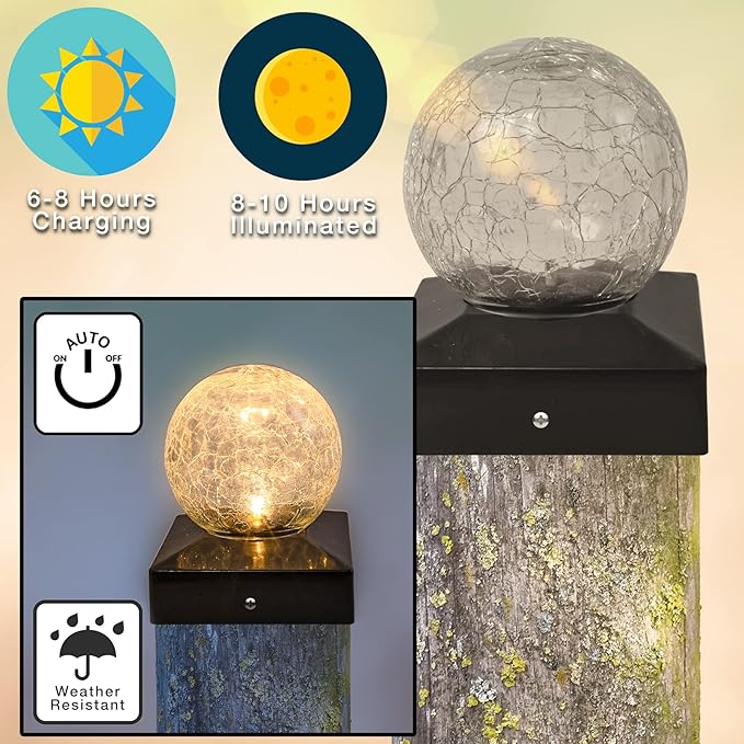 2-Pack Crackled Ball Post Cap Light Solar LED Waterproof Outdoor Garden Stake Light - Decorative Electronic Light Garden Decor for Yard, Lawn, Patio, Deck, Pathway, Pond, Backyard