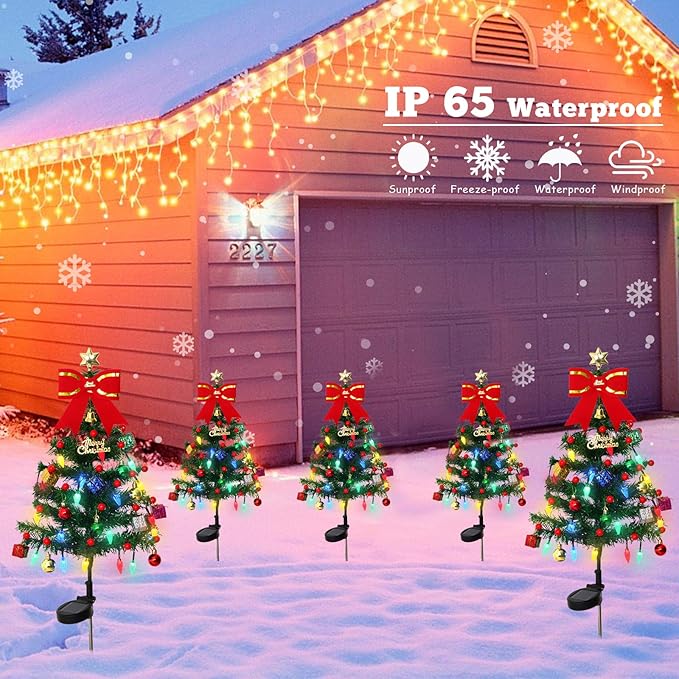 KHOYIME Solar Christmas Tree 4 Pack 33.5in Outdoor Waterproof Solar Powered Prelit Xmas Tree with 80 LED Lights 2 Flashing Modes 136 DIY Xmas Ornaments Holiday Decoration for Garden Pathway Yard Patio