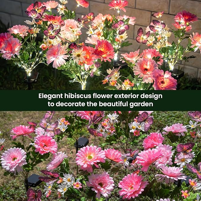 Solar Garden Light 4 Packs, 120 LEDs Outdoor Solar Lighting with Daisy and Butterfly, Waterproof Outdoor Garden Light for Patio, Courtyard, Pathway Decoration (Pink)