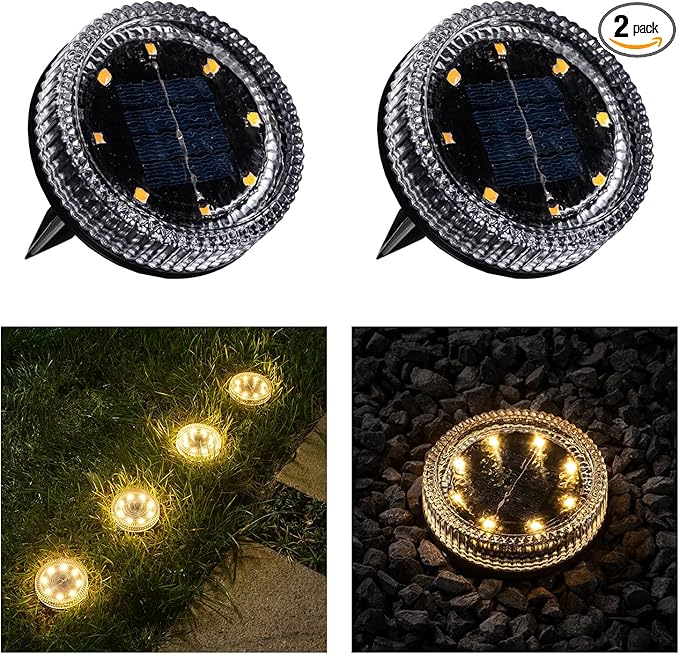 Glass Solar Pathway Lights with Wave Style, Modular-Design Waterproof In-Ground Light for Patio Pathway Lawn Yard Deck Walkway, Decorative Disk Lighting for Garden Bed, Warm White (2 Pack)
