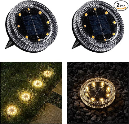 Glass Solar Pathway Lights with Wave Style, Modular-Design Waterproof In-Ground Light for Patio Pathway Lawn Yard Deck Walkway, Decorative Disk Lighting for Garden Bed, Warm White (2 Pack)