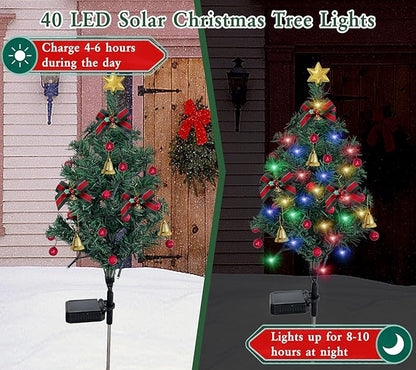 2 Set Solar Christmas Tree Lights Decorations Outdoor Waterproof, 40 LED Lights Christmas Solar Stake Lights Cemetery Christmas Tree for Grave Pathway Outside Garden Yard Lawn