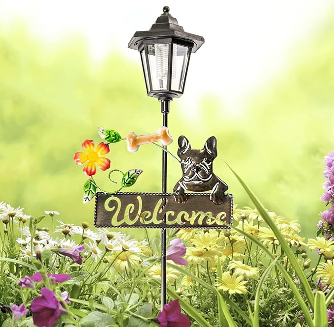 Crosslight Solar LED French Bulldog Welcome Sign - Weatherproof Garden Stake Light for Outdoor Decoration - Decor for Yard, Lawn, Patio, Pathway, Backyard | Warm White