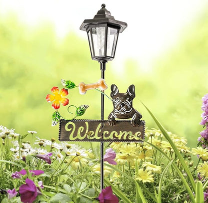 Crosslight Solar LED French Bulldog Welcome Sign - Weatherproof Garden Stake Light for Outdoor Decoration - Decor for Yard, Lawn, Patio, Pathway, Backyard | Warm White