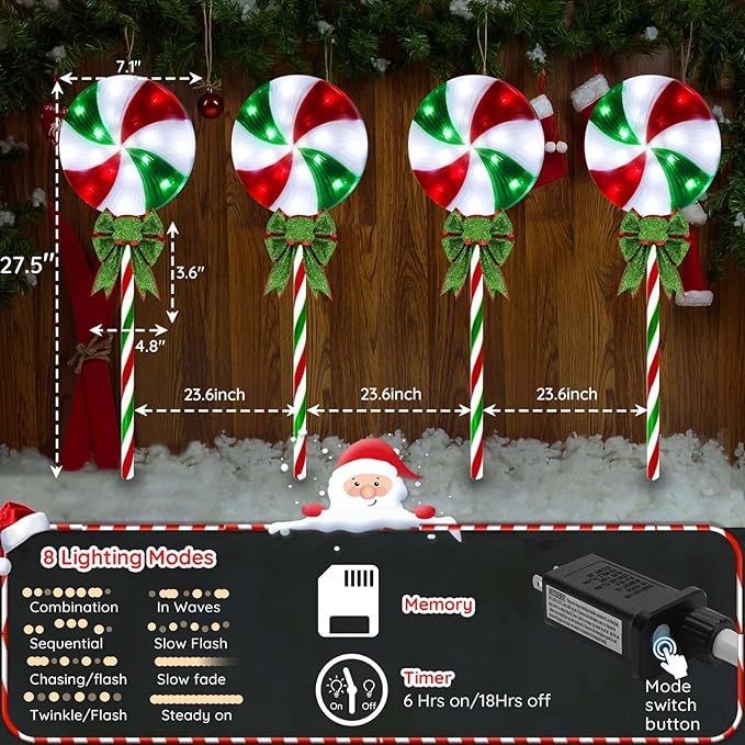 4 Pack 27.5" Lollipop Peppermint Christmas Pathway Lights Outdoor with Bows, Green Red White 80 LED Candy Cane Lights 8 Modes Timer Waterproof, Walkway Markers for Xmas Outsides Garden Yard Decoration