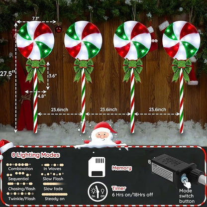 4 Pack 27.5" Lollipop Peppermint Christmas Pathway Lights Outdoor with Bows, Green Red White 80 LED Candy Cane Lights 8 Modes Timer Waterproof, Walkway Markers for Xmas Outsides Garden Yard Decoration