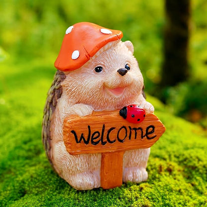 Garden Hedgehog Welcome Sign Statue with Mushroom Hat, Solar LED Ladybug Light, Outdoor Decorative Figurine 4.6in, Housewarming Gift for Patio,Yard,Lawn Ornament