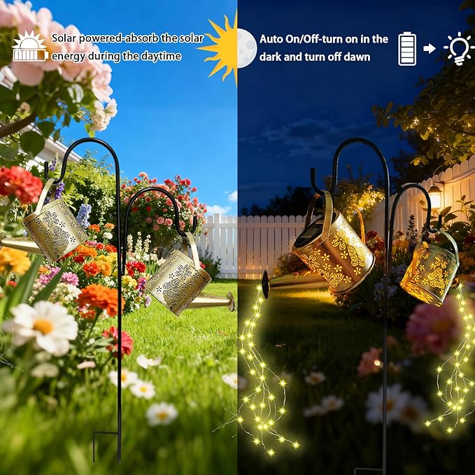DDQ Solar Watering Can Lights, Warm White/Color LED with Shepherd Hook, IP65 Waterproof Metal Garden Decor, Auto | Lumora