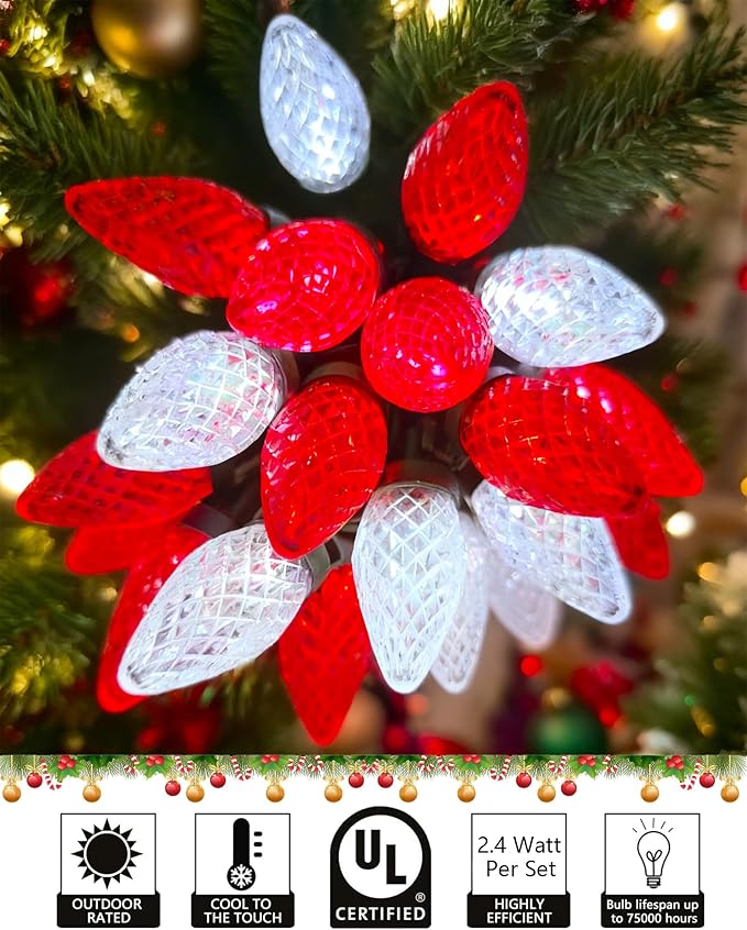 C9 Red White Christmas Lights Outdoor, 25Ft LED Strawberry Xmas Light 25 LED Shatterproof Bulb Lights, Plug in C9 Christmas String Light Connectable for Outside Indoor Home Porch Tree Xmas Decor