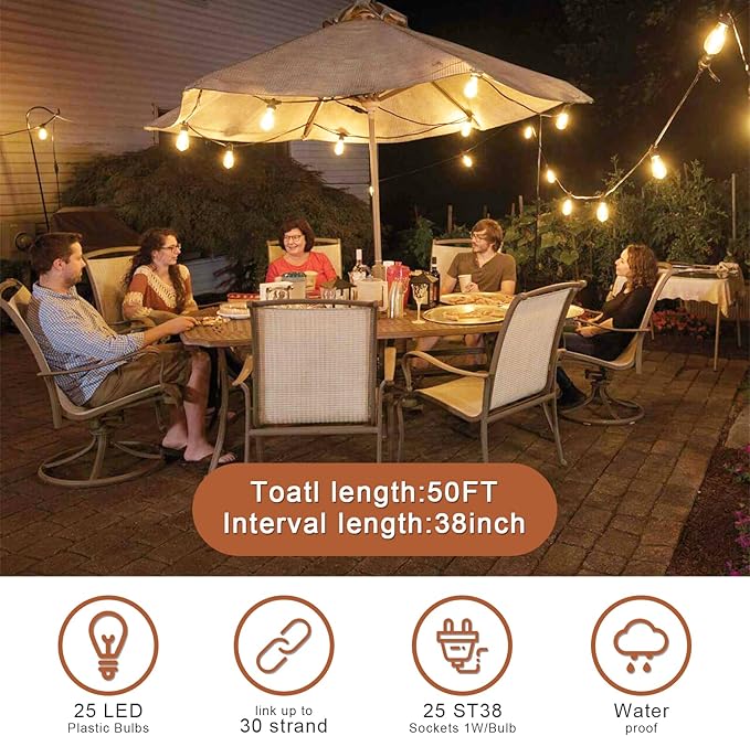 Outdoor String Lights ST38 50ft - LED Bulbs 25+1 Warm White 2700K, Waterproof and Shatterproof, Patio Garden Backyard Porch Party Christmas Vintage Outside Hanging