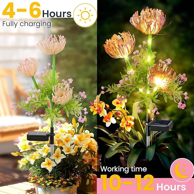 Solar Flowers Outdoor Waterproof, 4 Pack Solar Garden Lights with 12 Flowers, Enlarged Solar Panel, Perfect Gifts for Women Mom Grandma, Garden Decor for Landscape Pathway Flowerpot