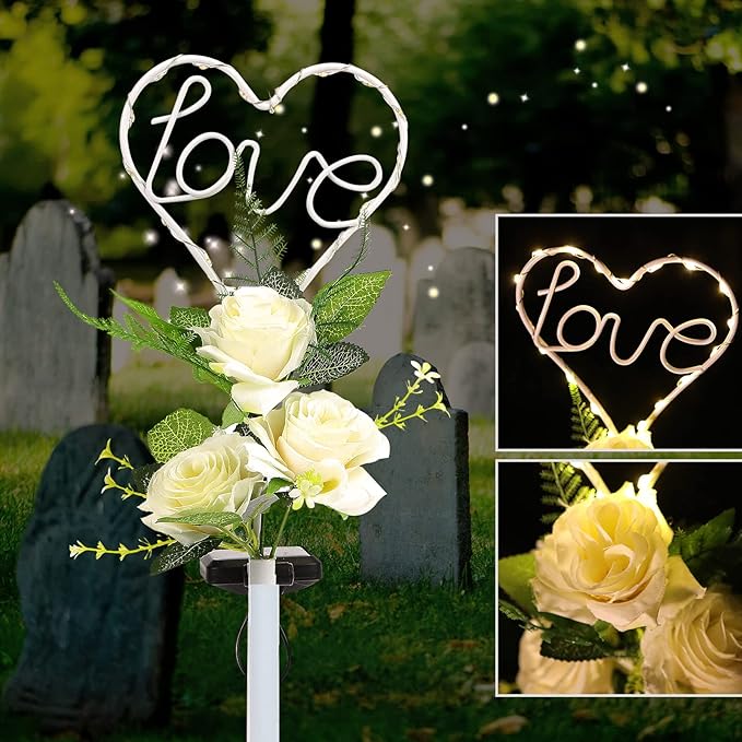 16 Inch Solar Heart Garden Stake Lights with 3 Artificial Flowers Metal Garden Art for Patio Lawn Garden Decor | Lumora