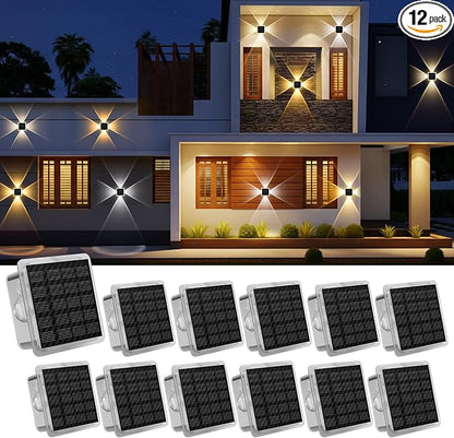 Solar Fence Lights Outdoor, New 4-Way Lighting Fence Lights Solar Powered with 3 Modes 3000K/4000K/6000K, IP65 Waterproof Solar Wall Light for Backyard Wall Pathway Deck Patio Decor - 12 Pack